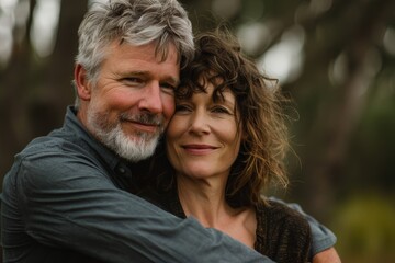 Portrait of a content couple in their 40s hugging each other