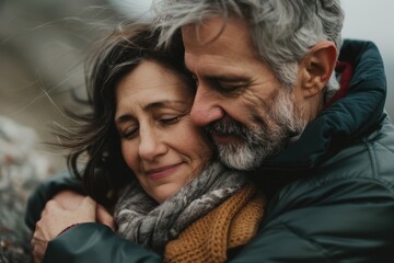 Portrait of a content couple in their 40s hugging each other