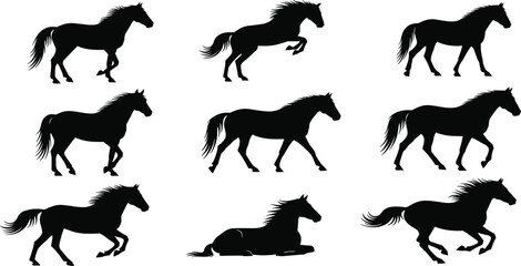 Horse Silhouette Vector Set, Galloping, Running, Trotting, and Standing Poses, Majestic Stallions with Flowing Manes and Tails, Equestrian Animals Collection, Isolated.