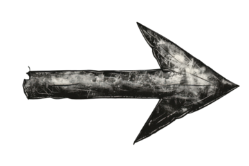 Distressed arrow illustration points right with a grunge texture for graphic design on transparent background