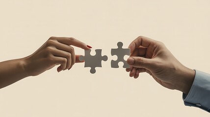 Fototapeta premium Conceptual shot of teamwork and connection, with two hands joining matching puzzle pieces against a clean background.