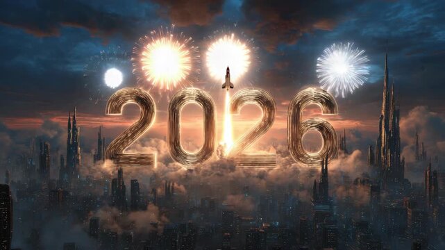Glowing 2026 numbers with rocket launch and fireworks above a futuristic city skyline at dusk, symbolizing future innovation and celebration - Powered by Adobe