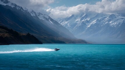 A speedboat speeds across a vibrant turquoise glacial lake towards majestic snow capped mountains