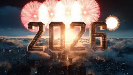 Large glowing 2026 numbers float above a futuristic city skyline, with fireworks and clouds in the background, symbolizing New Year celebration - Powered by Adobe