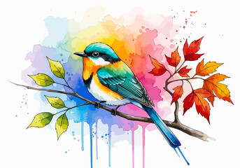 Modern Watercolor Bird Illustration in Vibrant Colors, Artistic Style, and Natural Charm