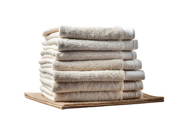 Seven beige and cream bath towels stacked on natural woven tray showing soft plush texture, isolated on a transparent background