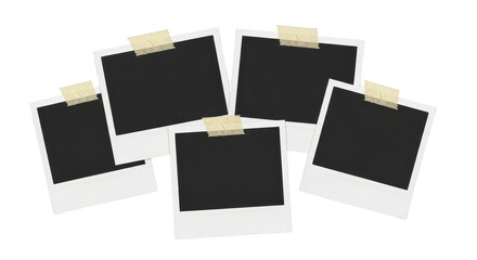 Scattered instant photo frames taped on a transparent background