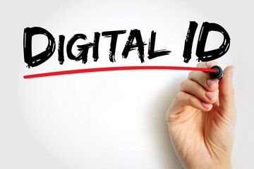 Digital ID handwritten with red underline drawn by hand. Modern concept for identity verification,...