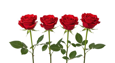 Obraz premium Four red roses with green stem isolated on transparent background