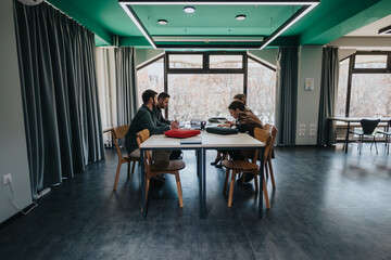 Young adults gathered in a stylish modern interior working together with laptops and notebooks. The...