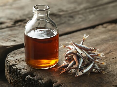 Authentic and savory Southeast Asian ingredient shot: A bottle of traditional fish sauce next to a pile of small dried anchovies on rustic wood.