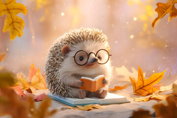 Cute hedgehog wearing glasses reads a book surrounded by autumn leaves in a cozy setting