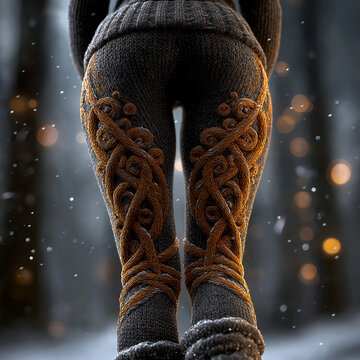 Wintermode-Aufnahme mit gestrickter Kleidung und ornamentalen Mustern in verschneiter Landschaft