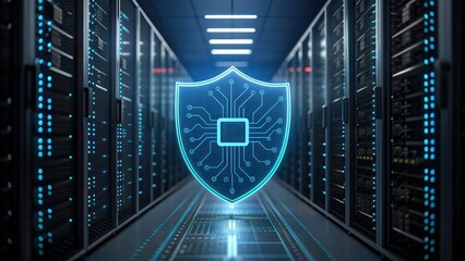 A digital shield symbolizing cybersecurity stands at the center of a server room, representing protection and technology in modern data management.