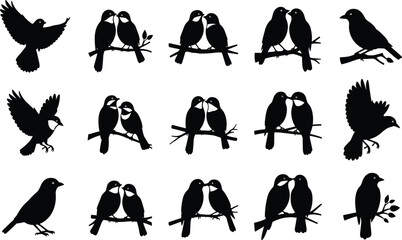 Silhouette of birds on branches and flying, romantic bird couple vector, wildlife illustration, nature design element, love birds art