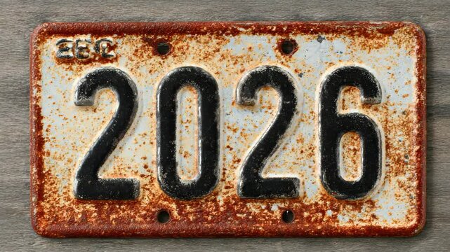 Close-up of an old, rusted metal license plate showing number 2026 with embossed black digits, on a weathered wood background, symbolizing time
