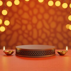 Warm, orange-themed product display podium for Diwali or Indian festivals, featuring an ornate wooden stage flanked by two lit brass diyas.
