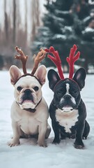 cute dogs wearing red antlers sitting in snow winter christmas holiday festive background portrait