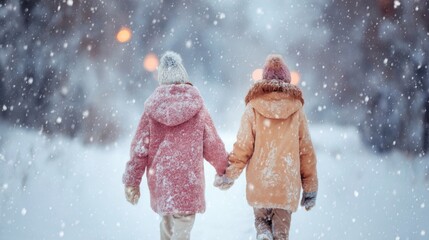 Two children, one Black and one White, enjoy a snowy winter day, holding hands and walking together amidst falling snowflakes.