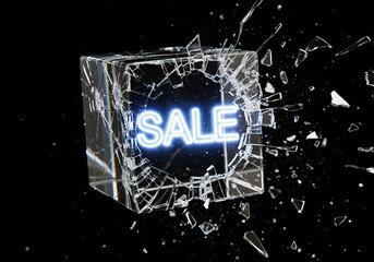 Shattering glass cube with glowing SALE text, dynamic promotional concept