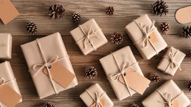 Flat lay of multiple Christmas presents wrapped in kraft paper and twine, with blank tags and pinecones on wooden surface. Rustic, eco-friendly holiday vibe. Natural Christmas style.