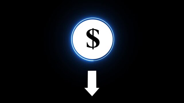 Animated neon blue glowing dollar sign in a white circle with a downward pointing arrow on a black background representing financial loss or descent in value and economic downturn	