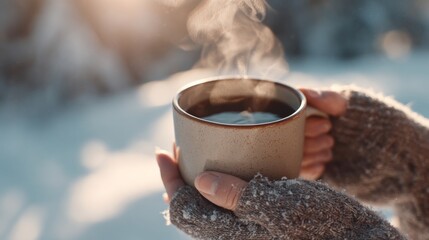 A warm cup of steaming beverage held in cozy hands against a snowy backdrop.