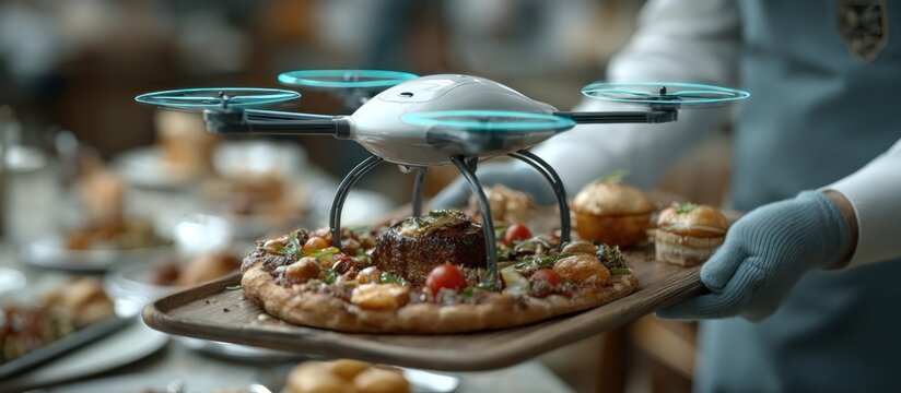 A drone delivers a gourmet pizza, complete with meat and vegetables, atop a wooden tray. A waiter in gloves holds the tray