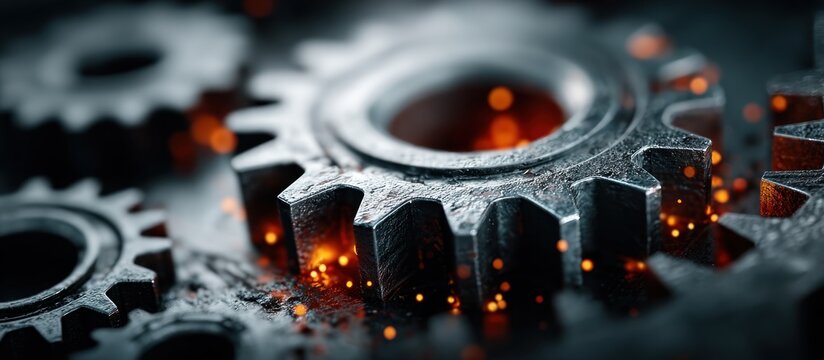 Close-up of intricate metal gears with sparks of fire