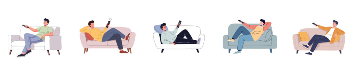 Modern Man Relaxing on Sofa Holding Remote Control - Semi Flat Vector Illustration