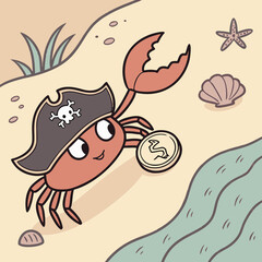 Cute cartoon pirate crab holding a gold coin on a sandy beach with shells and starfish