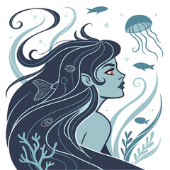 Mysterious mermaid with flowing hair surrounded by underwater life and aquatic elements
