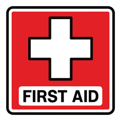 Fototapeta premium Red square first aid symbol with white cross and text for emergency medical assistance