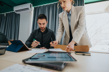 Two coworkers working on documents at a table with modern technology in an office.