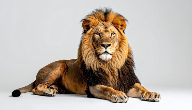"Create a majestic visual of a male lion resting calmly to convey strength, nobility, and quiet power."