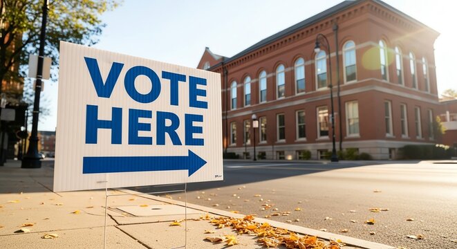 Vote here sign near brick building