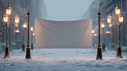 A serene winter scene featuring a blank banner suspended between elegant street lamps in a snowy, tranquil setting.