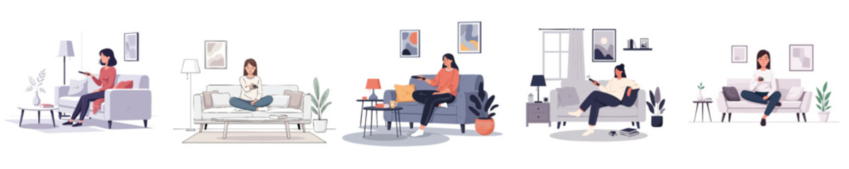 Modern Flat Illustration of Women Sitting on Sofa Holding Remote in Cozy Living Room