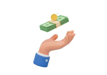 3d hand receiving a stack of money and a coin isolated on transparent background