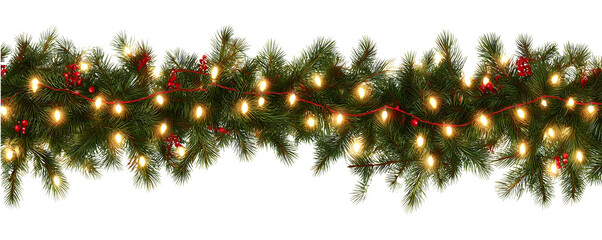 christmas garland with warm white glowing lights isolated png transparent backgrounf