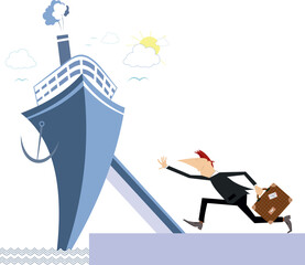 Port. Ship. Running man.
Scurrying man with suitcase trying does not miss a departure of the ship
