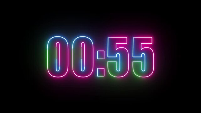 A vibrant neon clock face displays 01:00 with bright blue, pink, and green glowing outlines against a dark black background, perfect for timekeeping and countdown animation with a futuristic feel.	