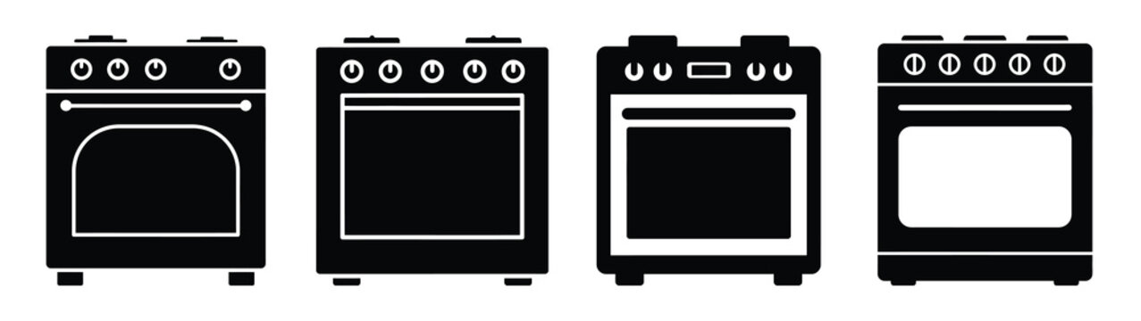 oven minimal flat icon set, black color and white background