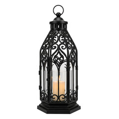 Naklejka premium Ornate Black Lantern with Candle Flame isolated on a transparent background