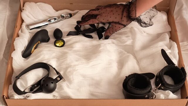 Woman in black transparent glove takes adult toys from box. BDSM erotic set. Adult toys. Whip, gag, handcuffs, vacuum vibrator, butt plug, nipple clamps, electric stimulator, bunny mask
