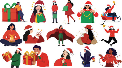 Christmas Vector Illustration with People Holding Gifts and Bells in Modern Flat Design