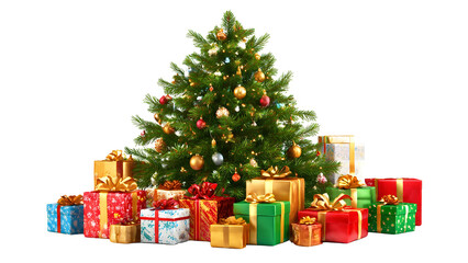 christmas tree with colorful gifts and lights isolated png transparent backgrounf