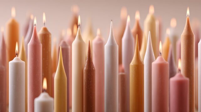 A vibrant arrangement of lit candles in various shades of pink and white, casting a warm glow in a serene setting.