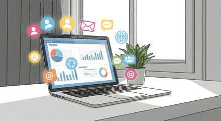 Digital Analytics and Data Visualization: A modern laptop displays intricate data visualizations and analytical diagrams, surrounded by vibrant icons, symbolizing the digital realm of information.