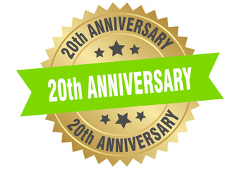 20th anniversary. 20th anniversary round green and gold label isolated on transparent background